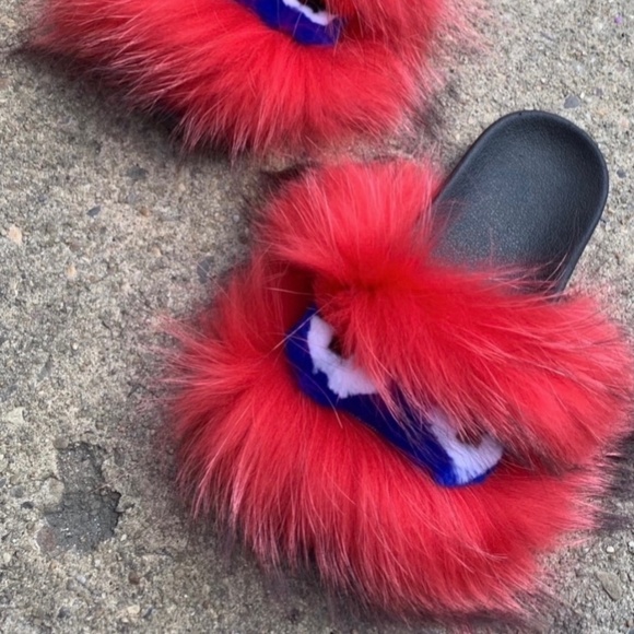Red Monsta  Real Fur Custom  Slides sizes 9.5,10 - Picture 1 of 6